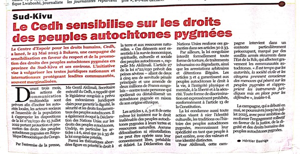 Activités de sensibilisation sur les droits des peuples autochtones pygmées au Sud-Kivu et ses environs